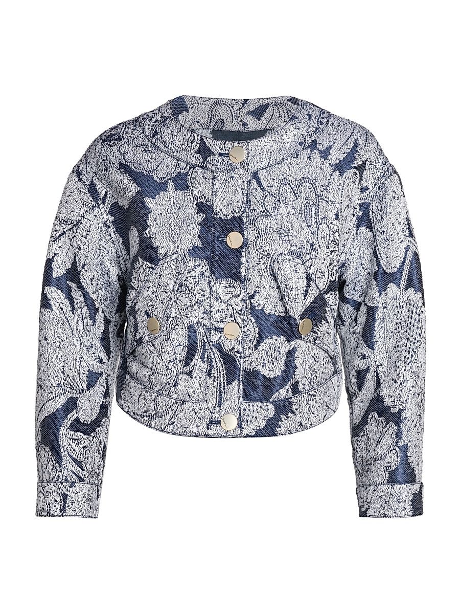 Women's Floral Jacquard Cropped Jacket - Navy - Size 2