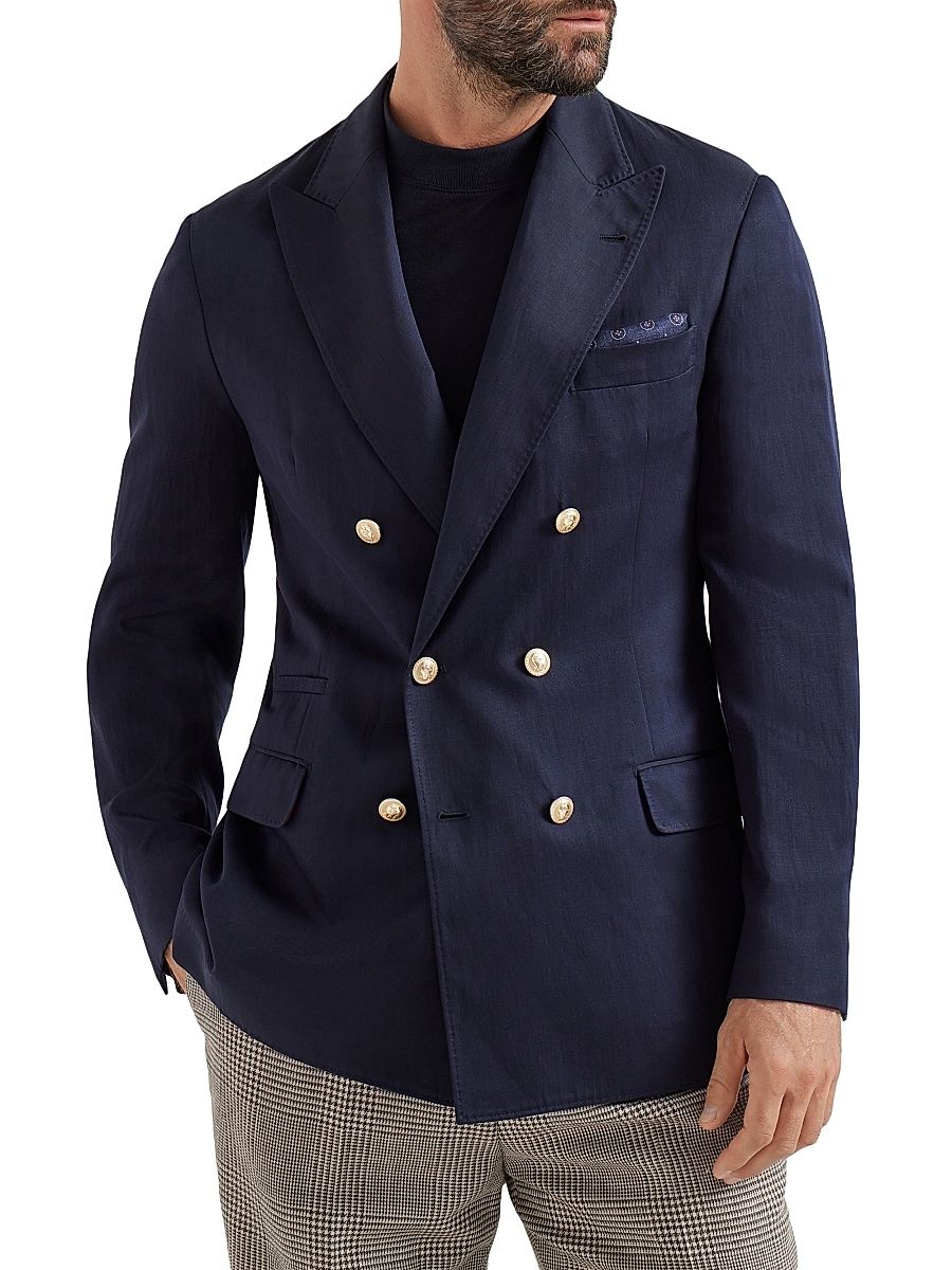 Men's Délavé Silk and Linen Twill One and a Half Breasted Deconstructed Blazer - Navy Blue - Size 40