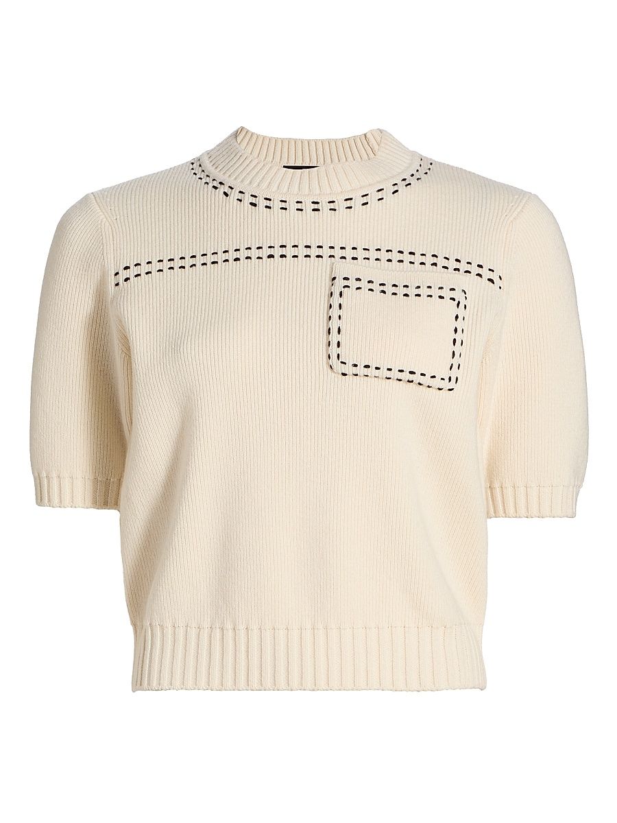 Women's Kelly Wool-Cashmere Short-Sleeve Sweater - Ivory Jet - Size Large