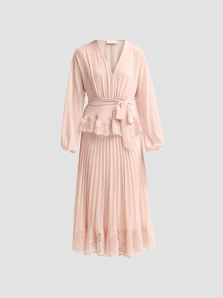 Women's Pleated Lace Midi Dress - Baby Pink - Size 10
