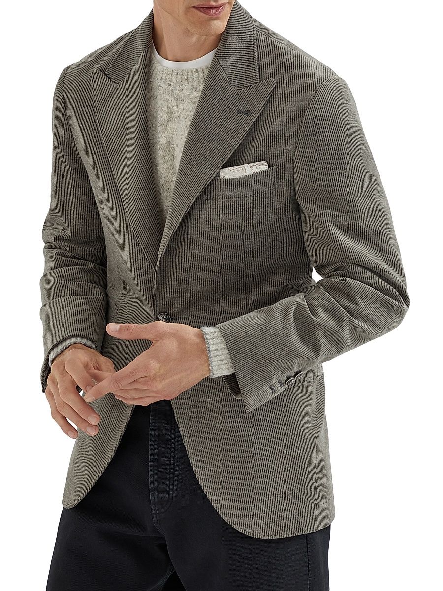 Men's Corduroy Deconstructed Blazer with Large Peak Lapels - Khaki - Size 48