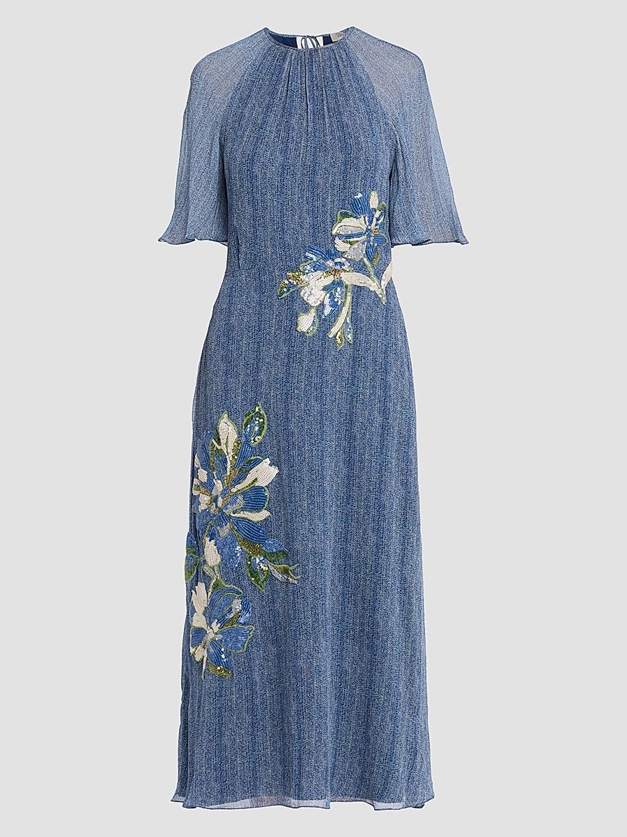 Women's Sequined Floral Silk Chiffon Midi Dress - Blue Multi - Size 2