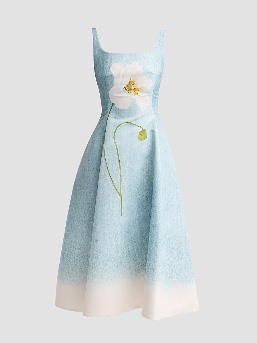Women's Peony Faille Day Dress - White Blue - Size 8