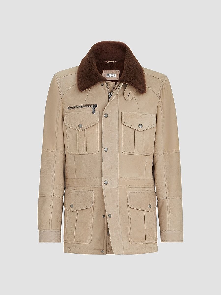 Men's Waxed Shearling Safari Jacket - Beige - Size XXL