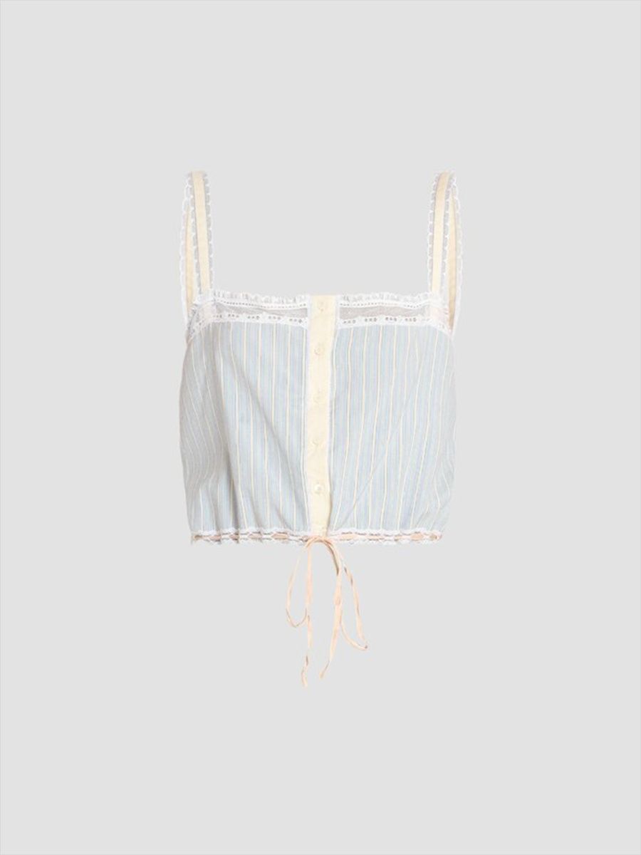 Women's Lace-Trim Striped Silk Top - Blue Beige - Size 6