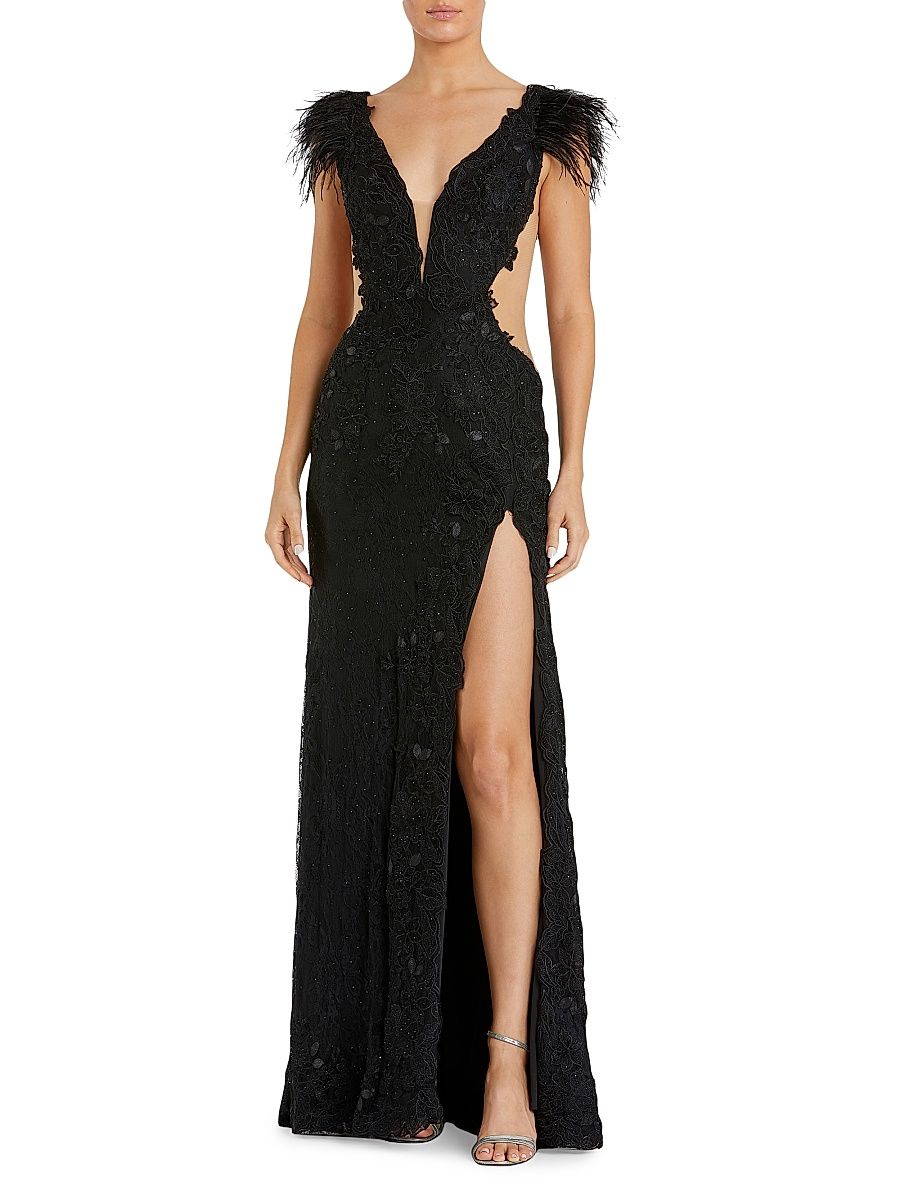 Women's Feather-Trimmed Lace Wrap Gown - Black - Size 14