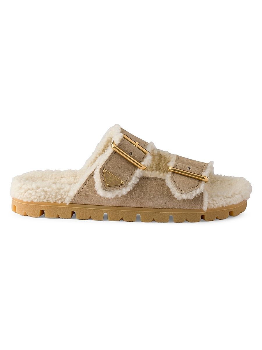 Women's Suede and Shearling Slides - Beige Khaki - Size 11.5