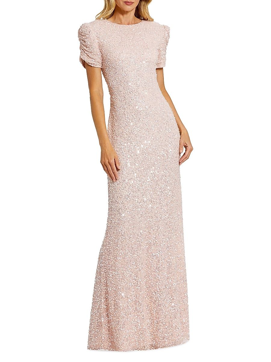 Women's Petite Beaded Mesh Column Short-Sleeve Gown - Blush - Size Petite 14