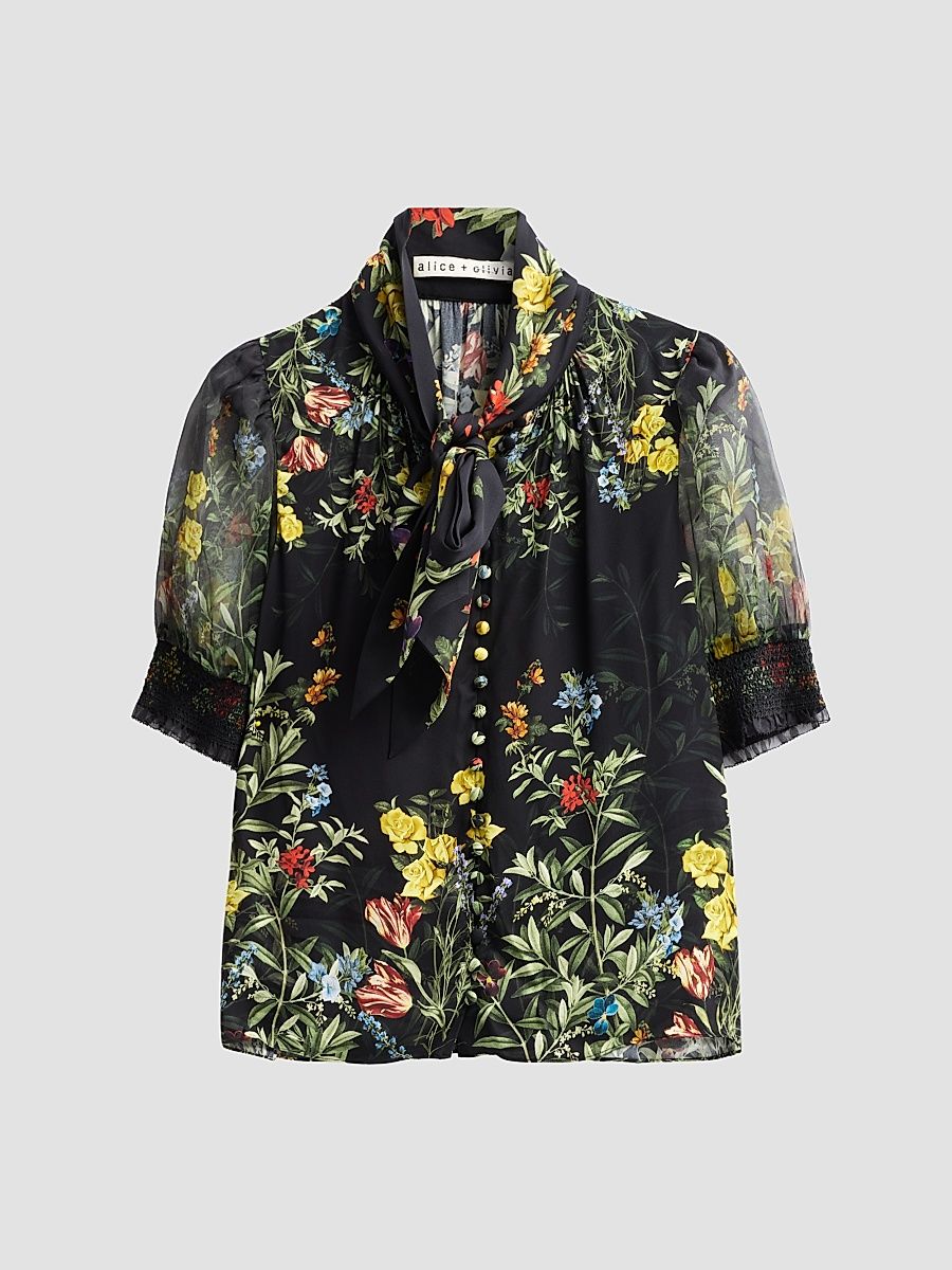 Women's Brentley Floral Tie Blouse - Desert Sprigs Black - Size XS