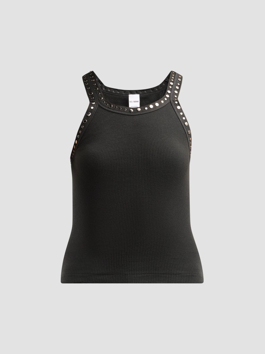 Re/done Women's Studded Ribbed Cotton Tank - Washed Black - Size XS