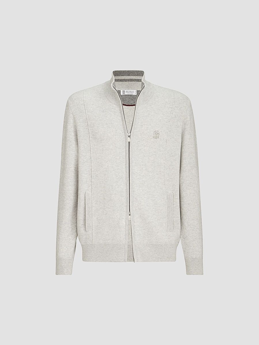Men's Cashmere Double Knit Cardigan with Zipper - Light Grey - Size XXXL