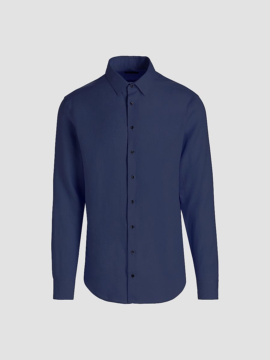 Giorgio Armani Men's Solid Linen Shirt - Solid Blue - Size 16
