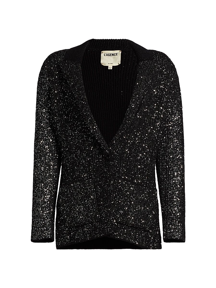 Women's Leonora Sequin Knit Single-Breasted Blazer - Black Silver Sequin - Size Large