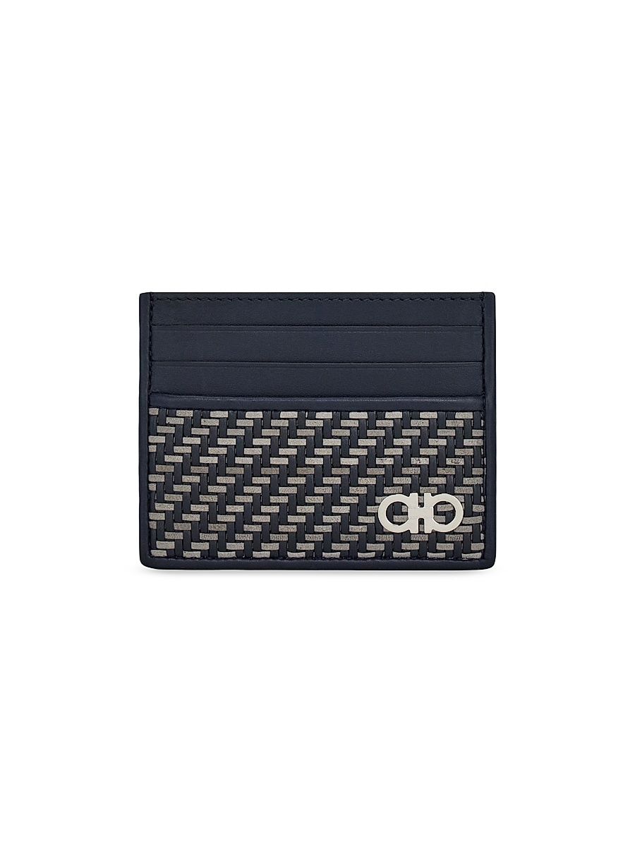 Men's Leather Woven Card Case - New Navy Dark Grey Nero