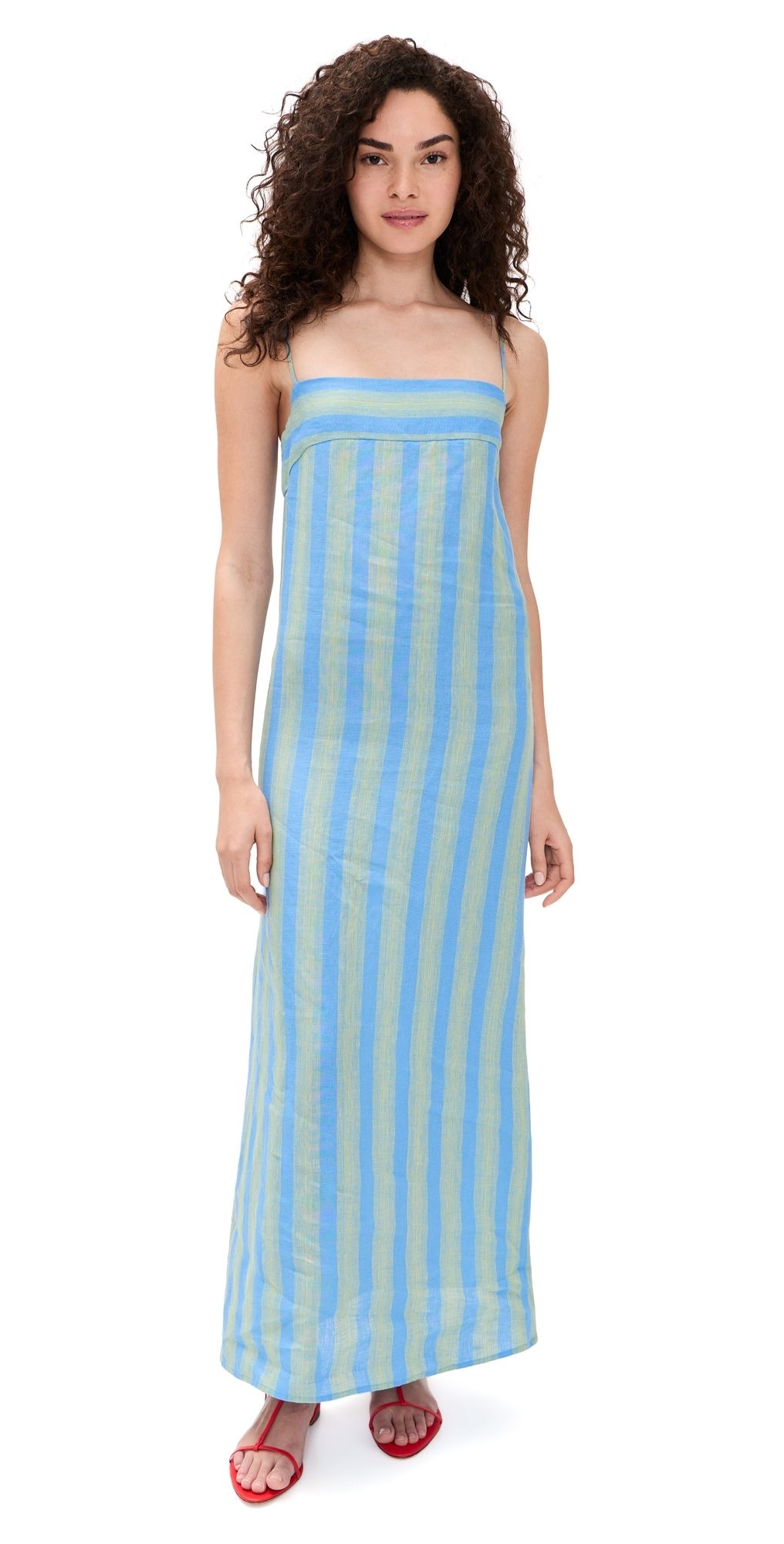 STAUD Laura Linen Dress Seaport Stripe M
