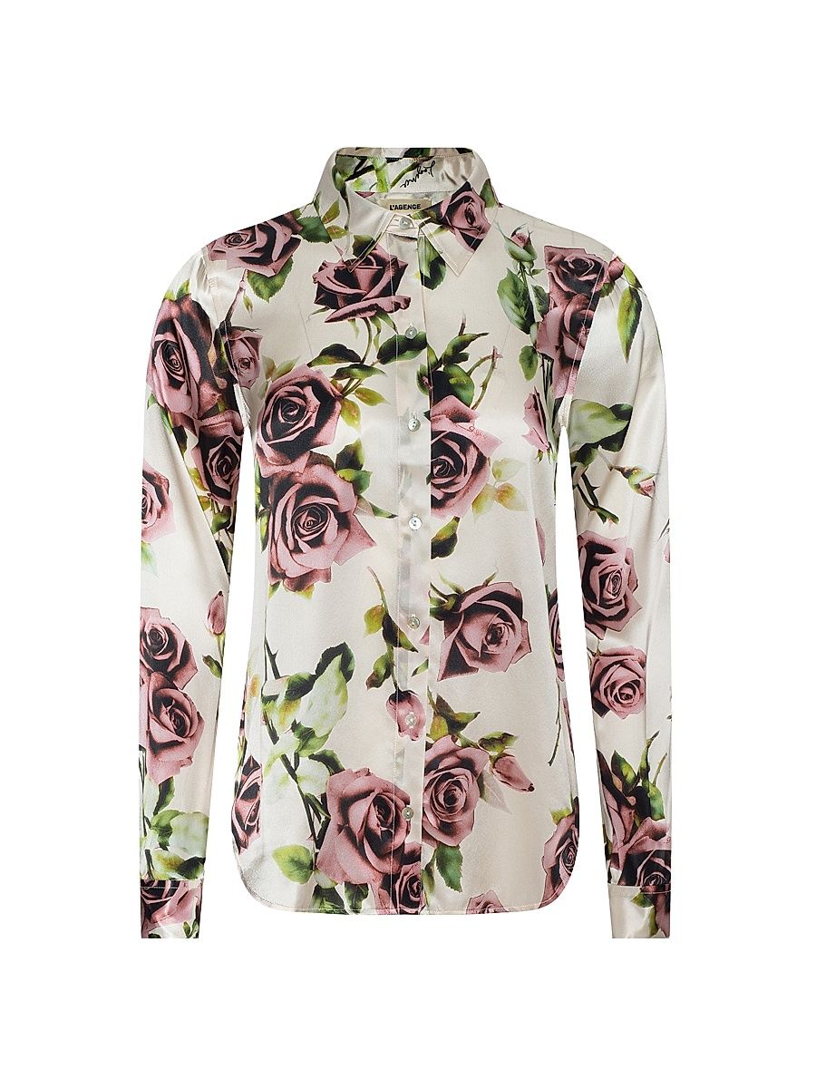 Women's Tyler Floral Silk Shirt - Ecru Romantic Rose - Size Large
