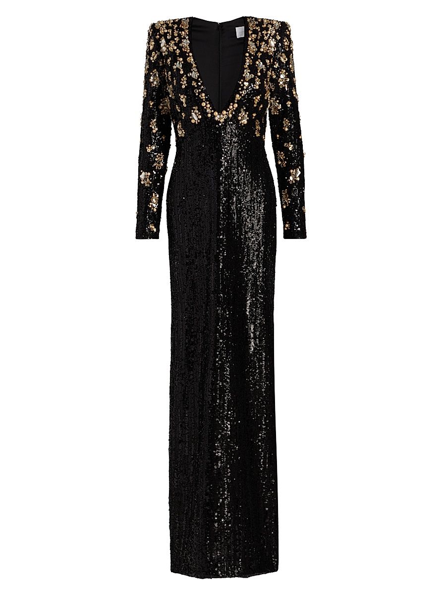 Women's Bronze Embroidered Sequin Gown - Black Gold - Size 8