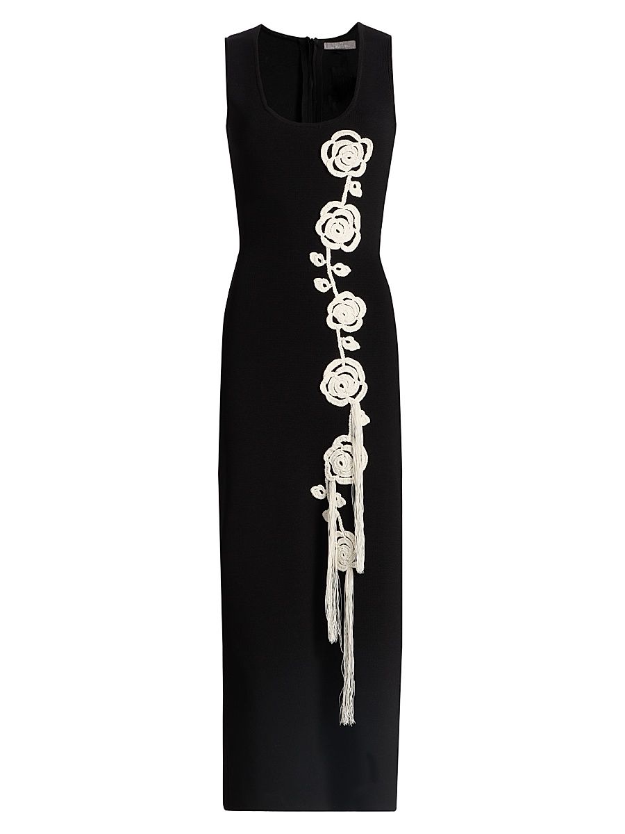 Women's Crochet Appliqué Midi-Dress - Black - Size XL