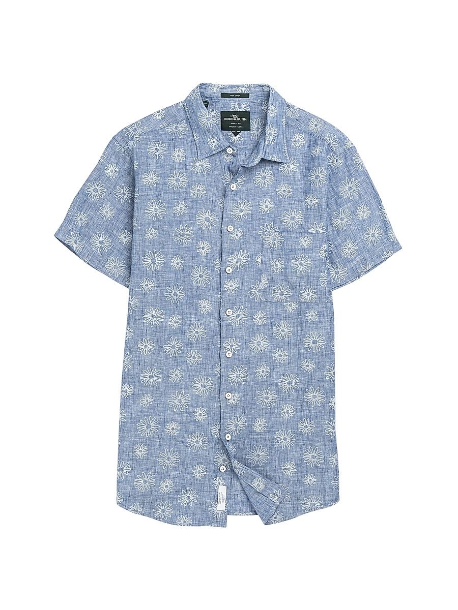 Men's Carleton Floral-Embroidered Linen Shirt - Chambray - Size Small