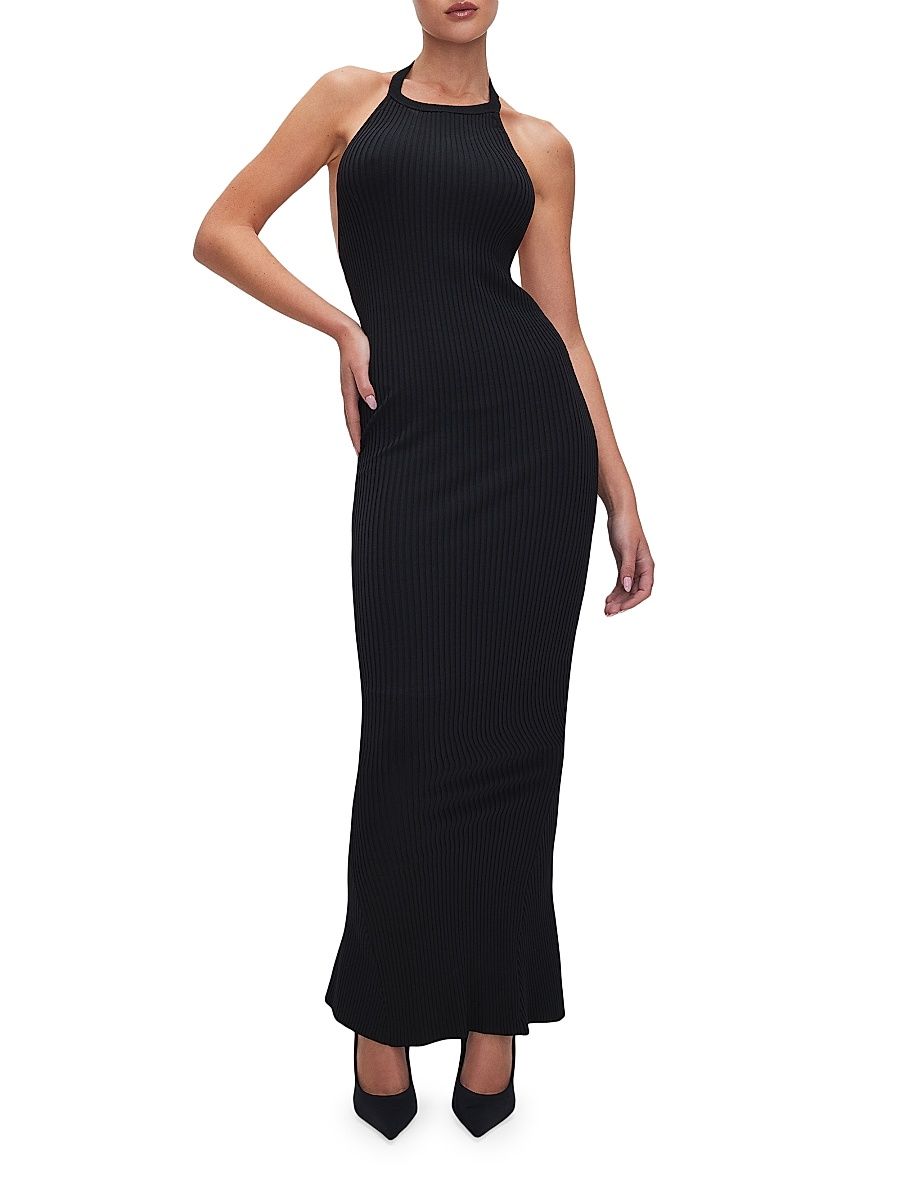 Women's Shine Rib Halter Maxi Dress - Black - Size Large
