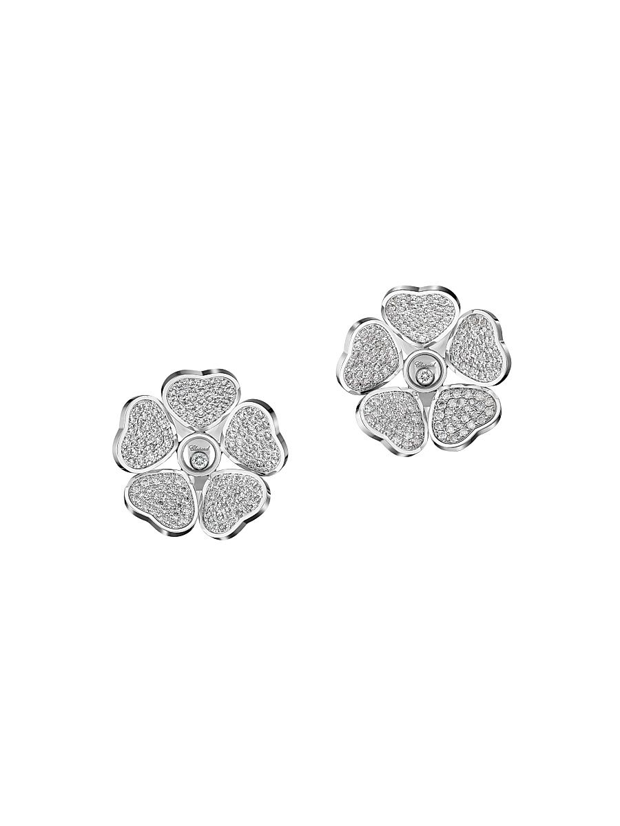 Women's Happy Hearts Flowers 18K White Gold & Diamond Stud Earrings - White Gold
