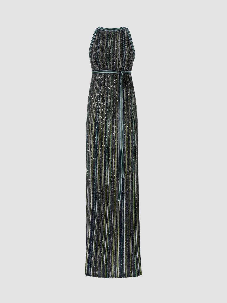 Missoni Women's Sequin-Embroidered Striped Belted Maxi Dress - Green Tones - Size 2