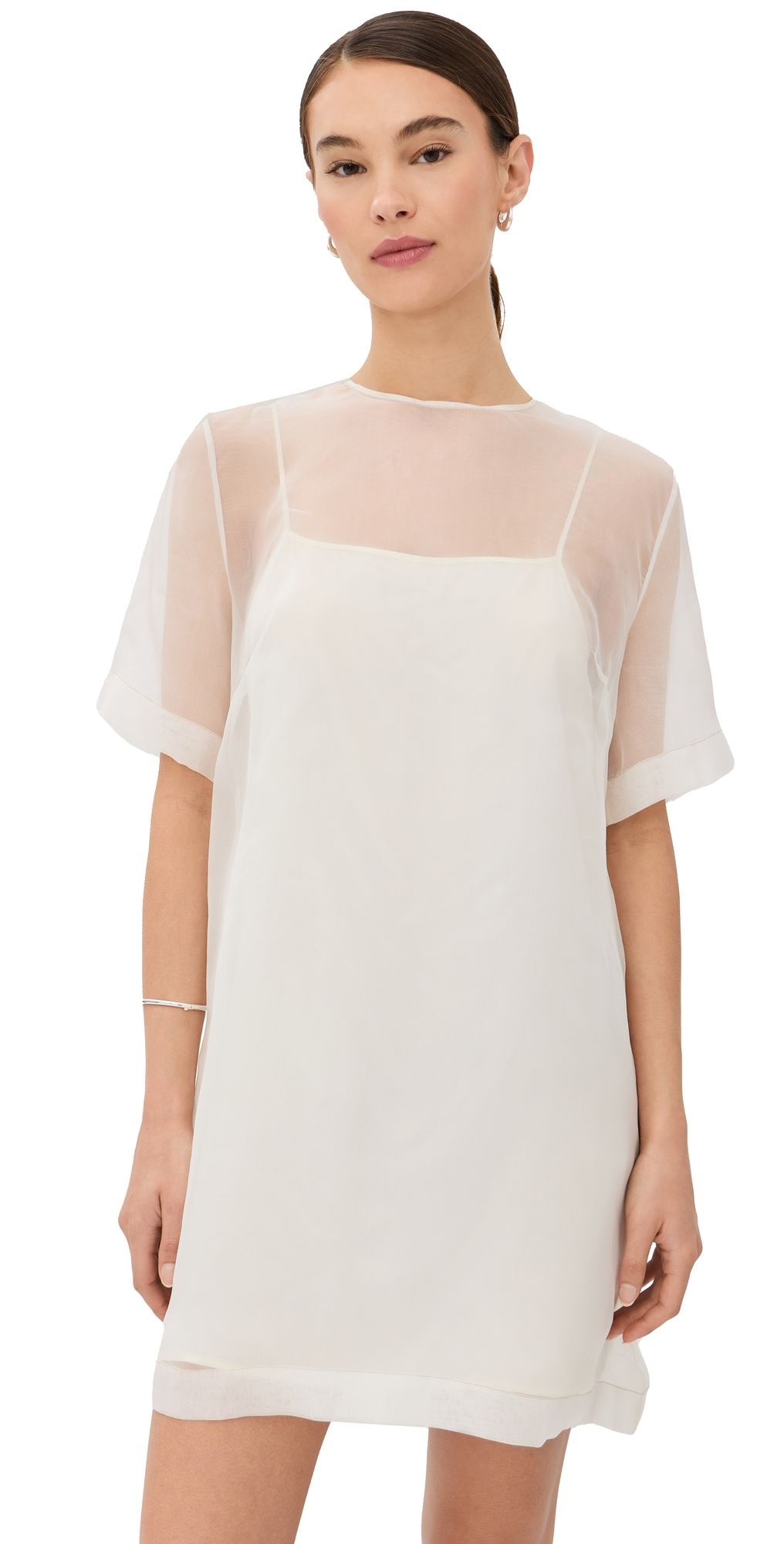 AMI Sheer Silk Trapeze Mini Dress with Slip Blanc Creme 42