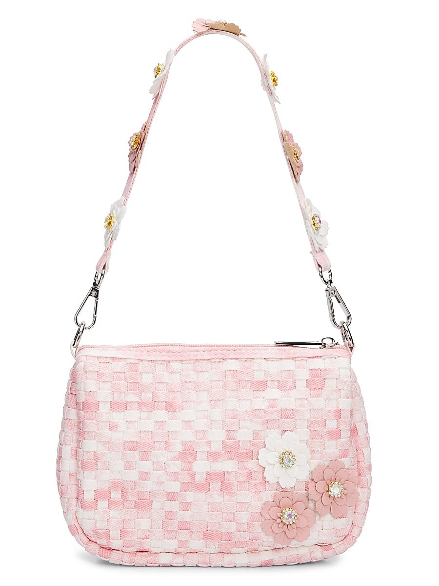 Girl's Flower Appliqué Weave Shoulder Bag - Pink