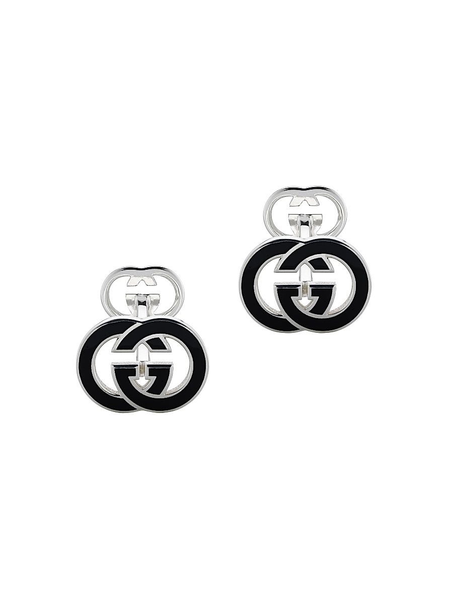 Men's Interlocking G Sterling Silver Cufflinks - Silver Black Enamel
