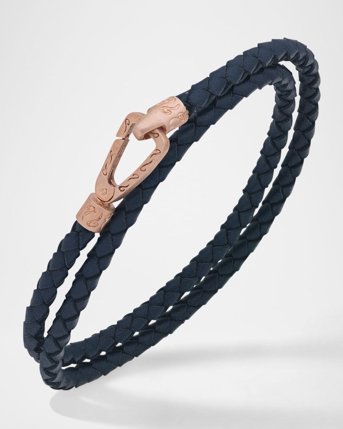Men & apos;s Double Wrap 18K Matte Rose Gold Plated Silver and Blue Woven Leather Bracelet