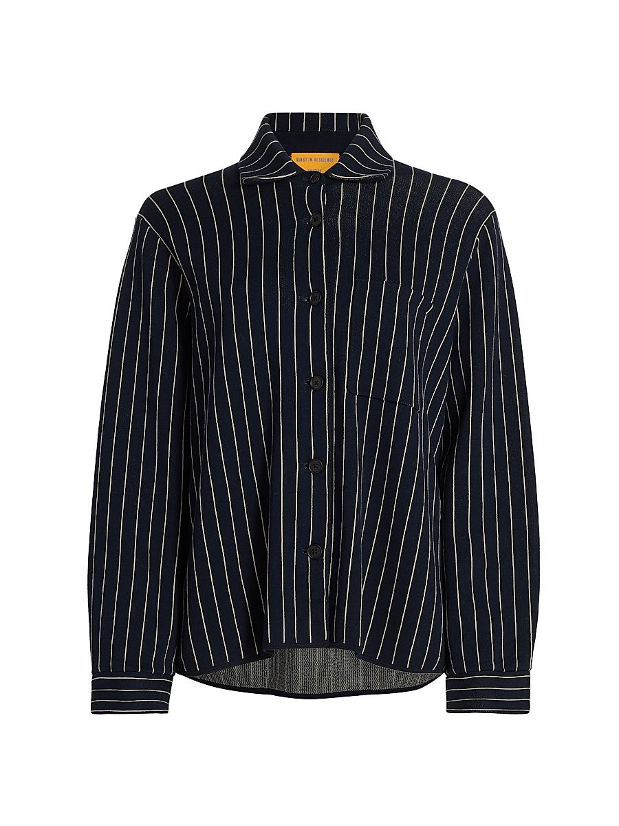 Women's Pinstriped Cotton-Silk Work Shirt - Navy Butter - Size XL