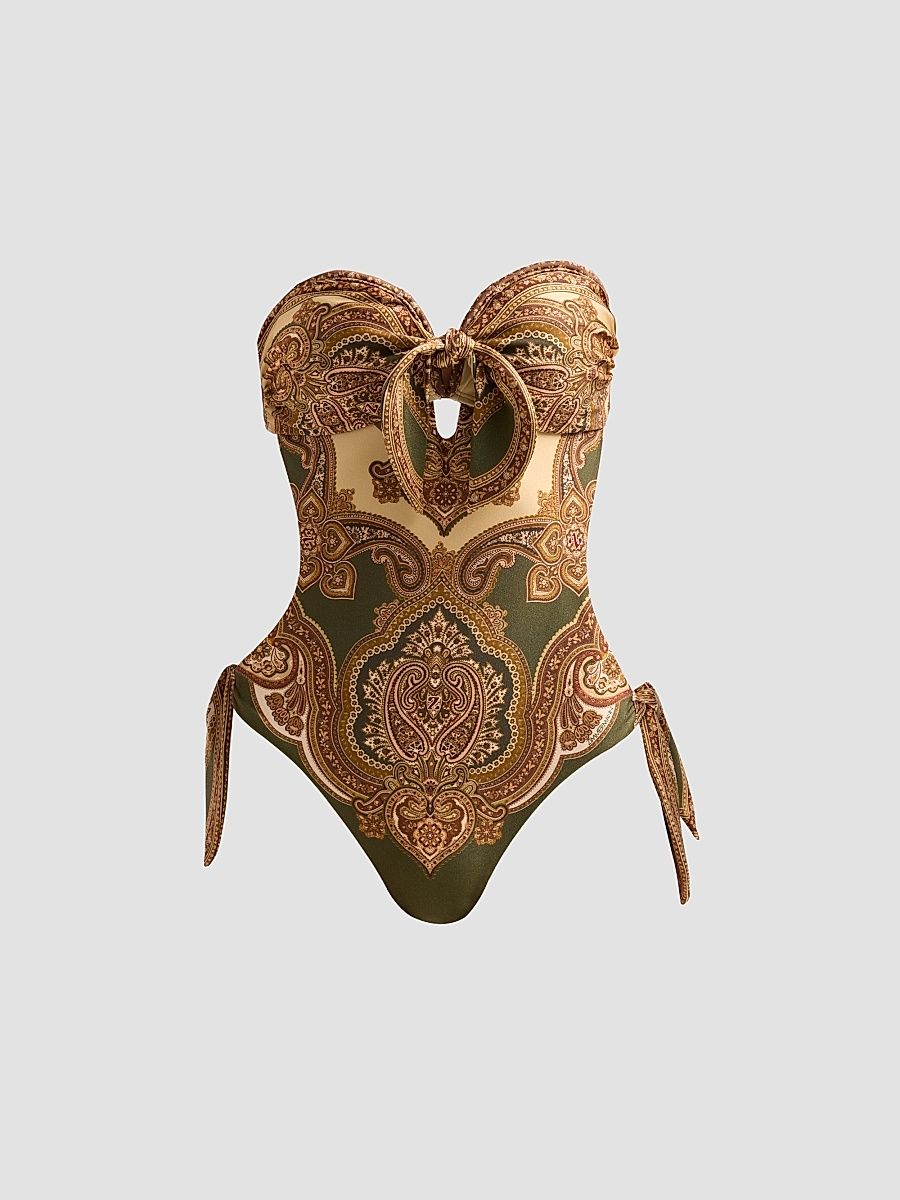 Women's Mahon Paisley Scarf Tie Backless One-Piece Swimsuit - Olive Paisley - Size 8