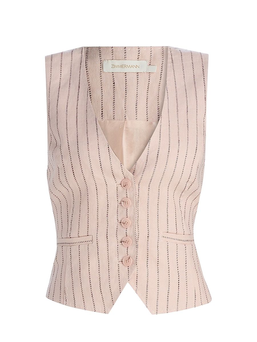 Women's Alchemy Pinstripe Linen Waistcoat - Pink Chocolate Stripe - Size 8