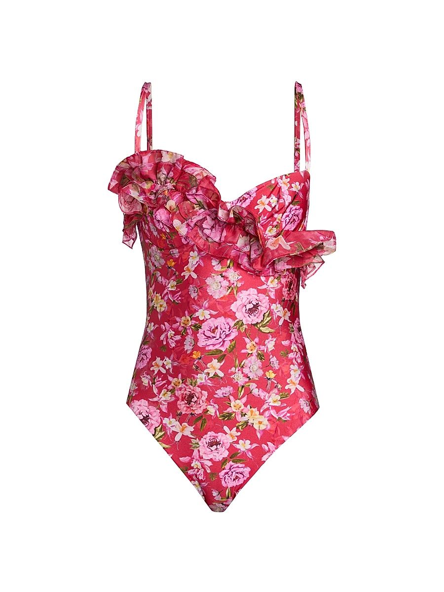 Women's Peony Print Ruffled Swimsuit - Red - Size XS