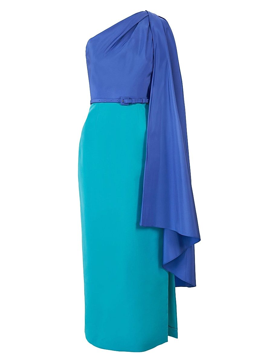 Women's Colorblocked Silk Draped Shoulder Sheath Gown - Turquoise Multi - Size 8