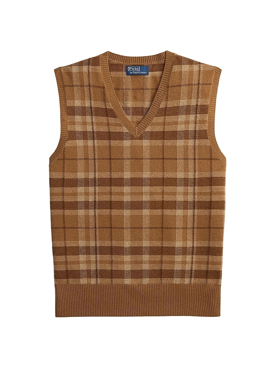 Men's Plaid Cashmere Sweater Vest - Brown Combo - Size Large