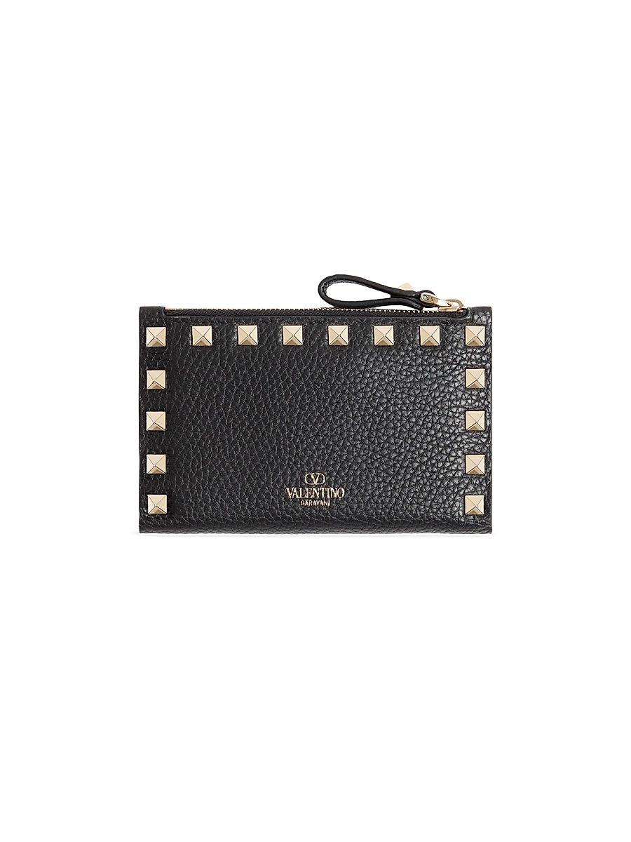Women's Rockstud Grainy Calfskin Cardholder with Zipper - Black