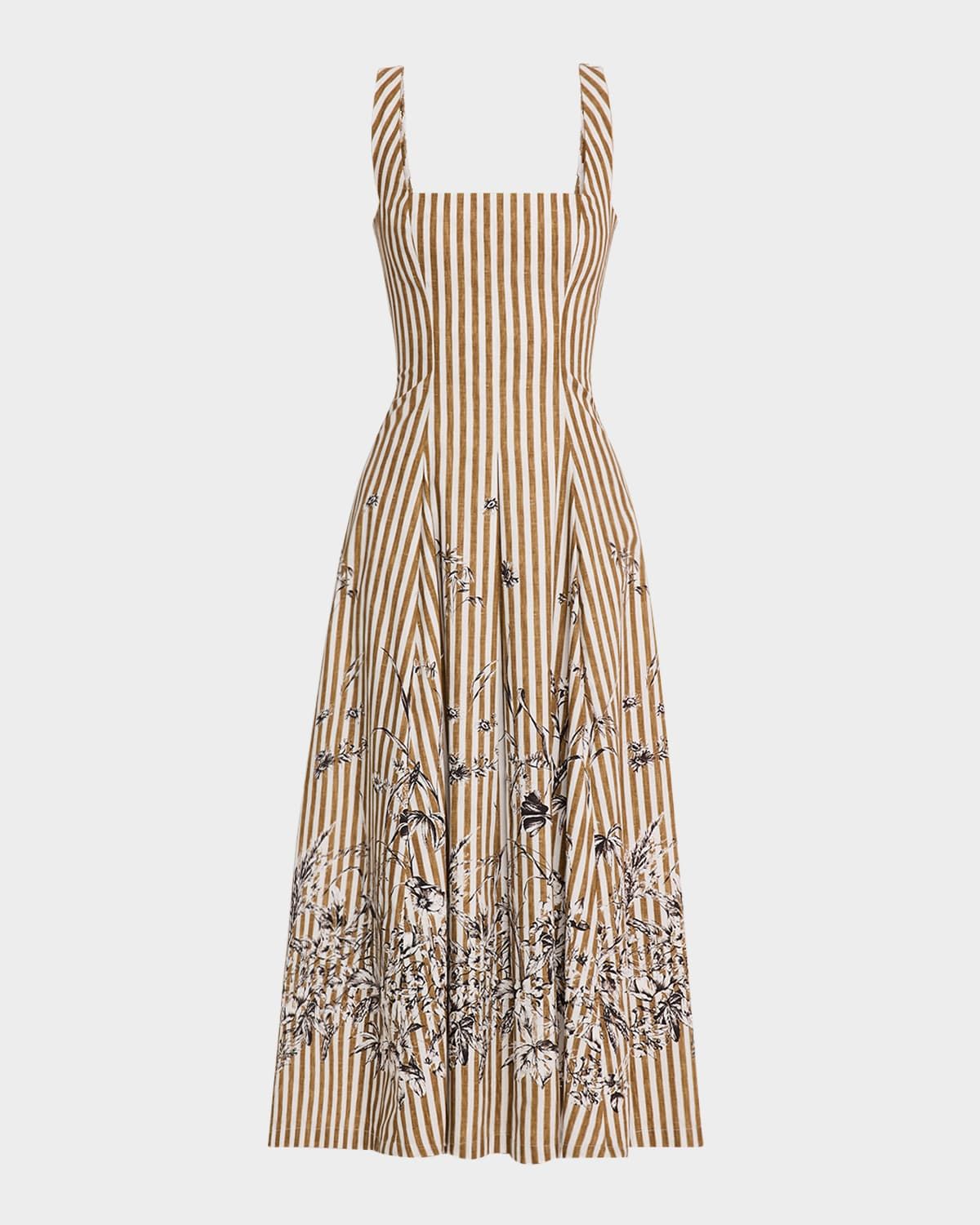 Caitlin Striped Floral-Print Poplin Midi Dress