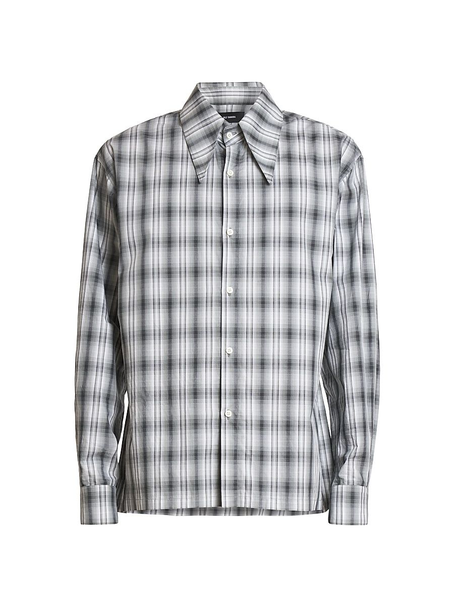 Men's Plaid Cotton Point Collar Dress Shirt - Black White - Size Medium