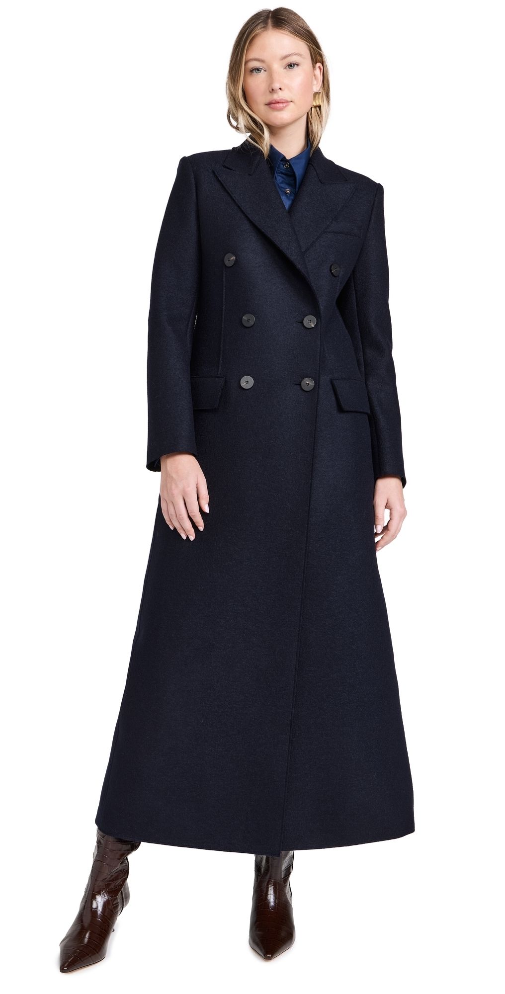 Harris Wharf London Women Long Double Breasted Tailored Coat Pressed Wool Navy Blue 48