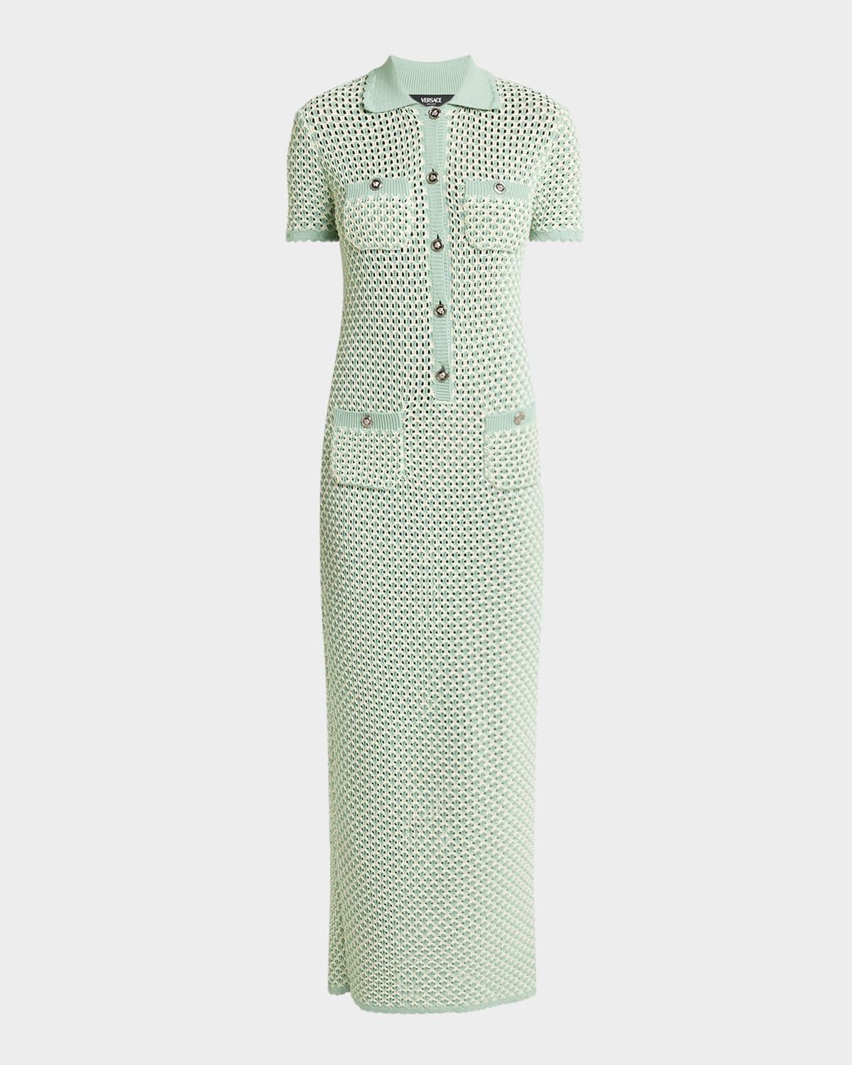 4-Pocket Short-Sleeve Crochet Maxi Polo Dress