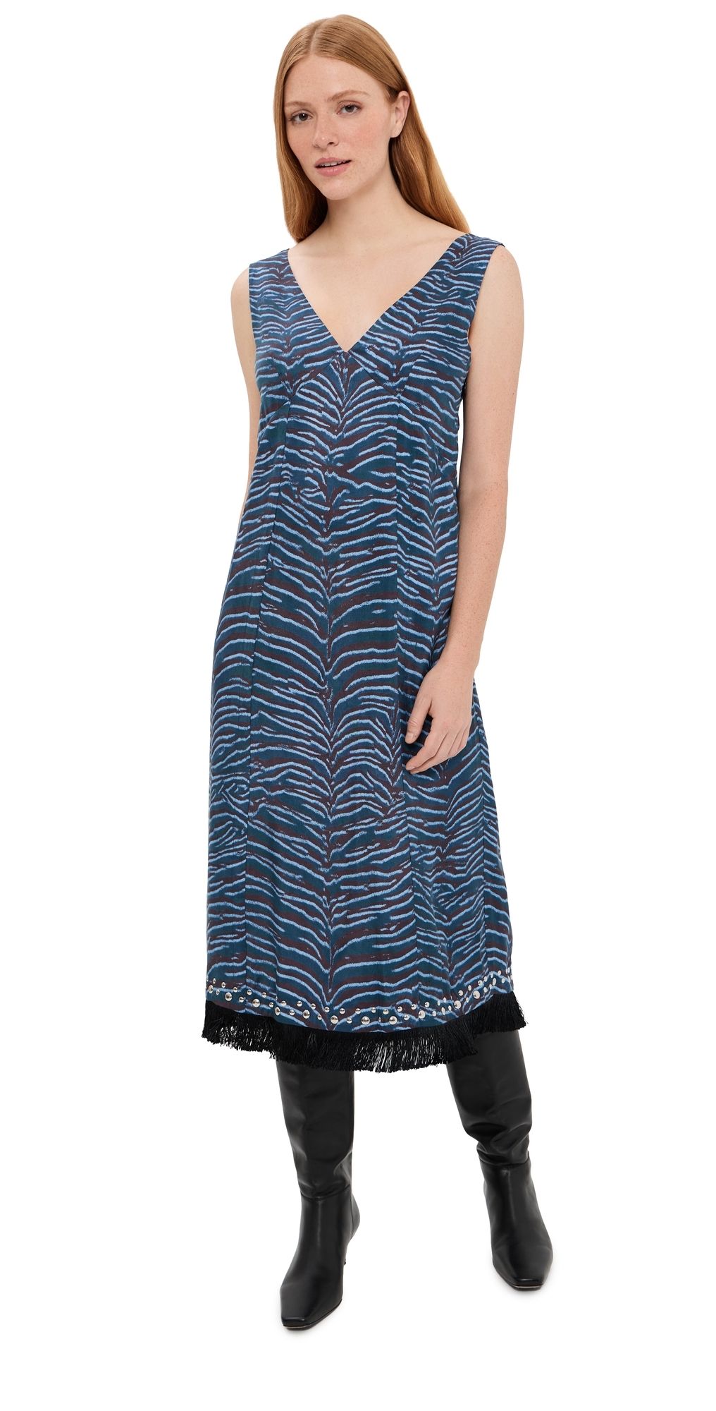 3.1 Phillip Lim Tiger Print Studded Midi Dress with Fringe Petrol Multi 4