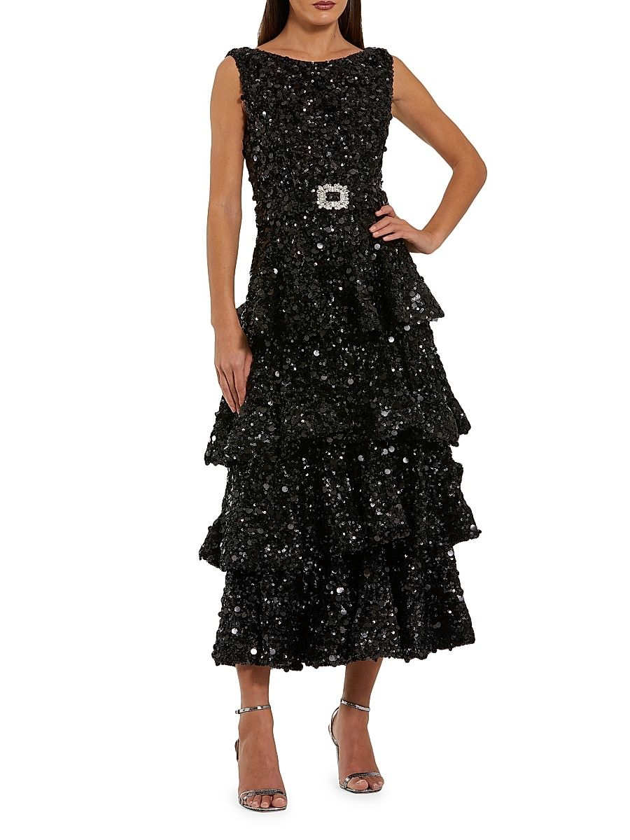 Women's Sequined Tiered Midi-Dress - Black - Size 16
