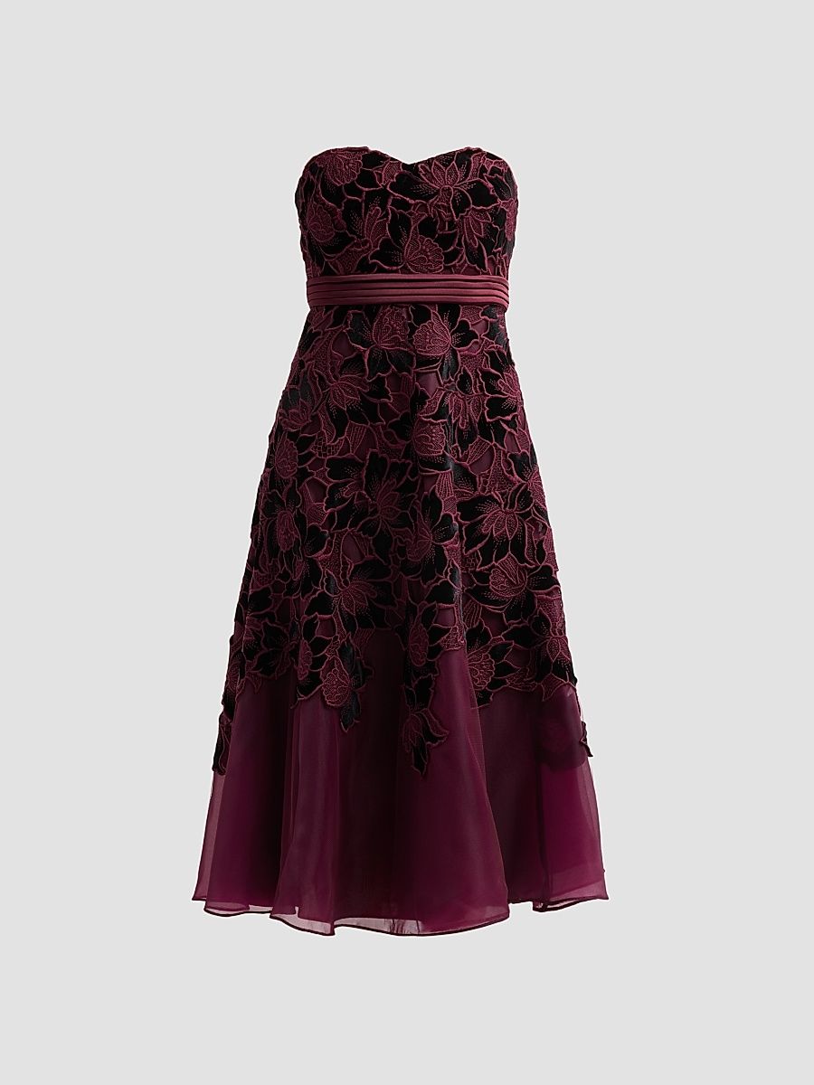 Women's Guipure Lace Velvet Cocktail Dress - Wine - Size 16