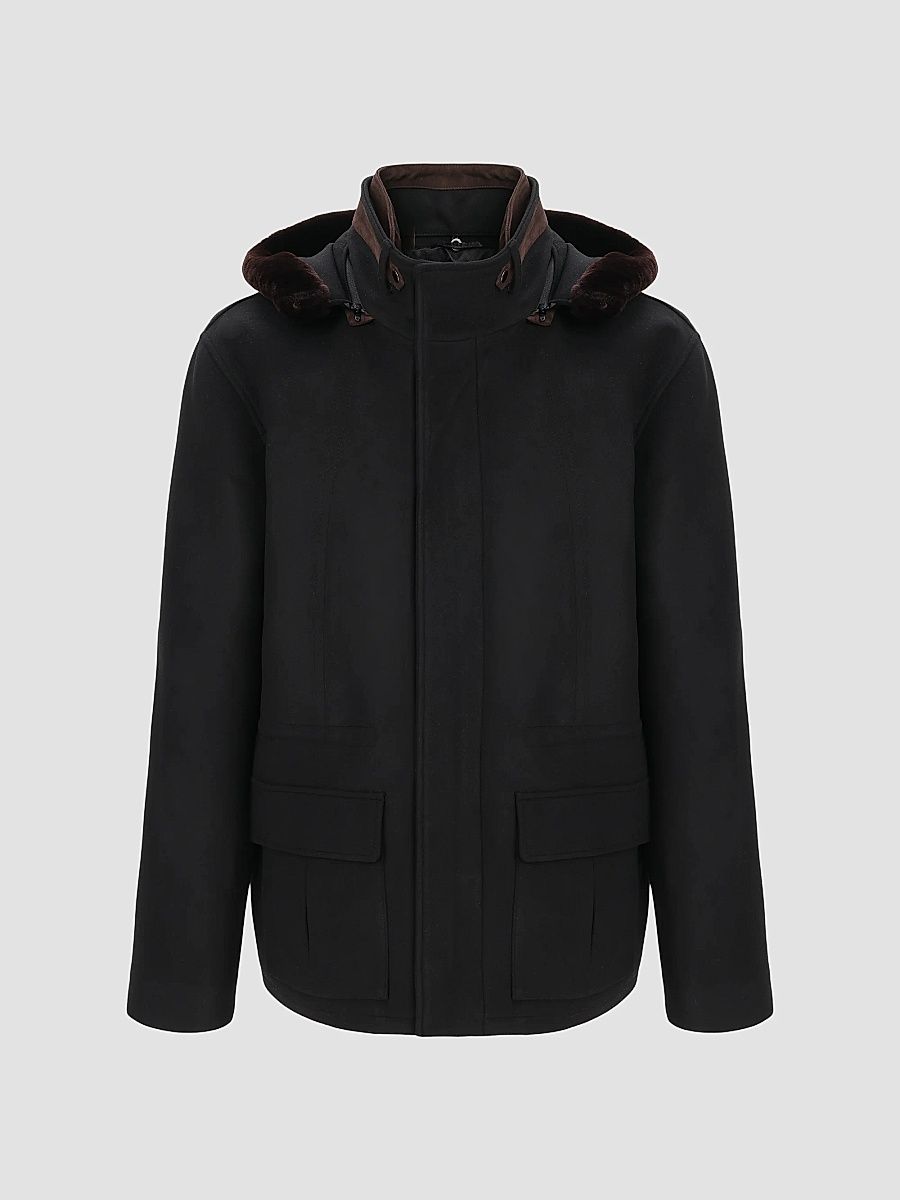 Gorski Men's Zip Parka Jacket with Shearling Lamb Hood Trim - Black - Size XXL