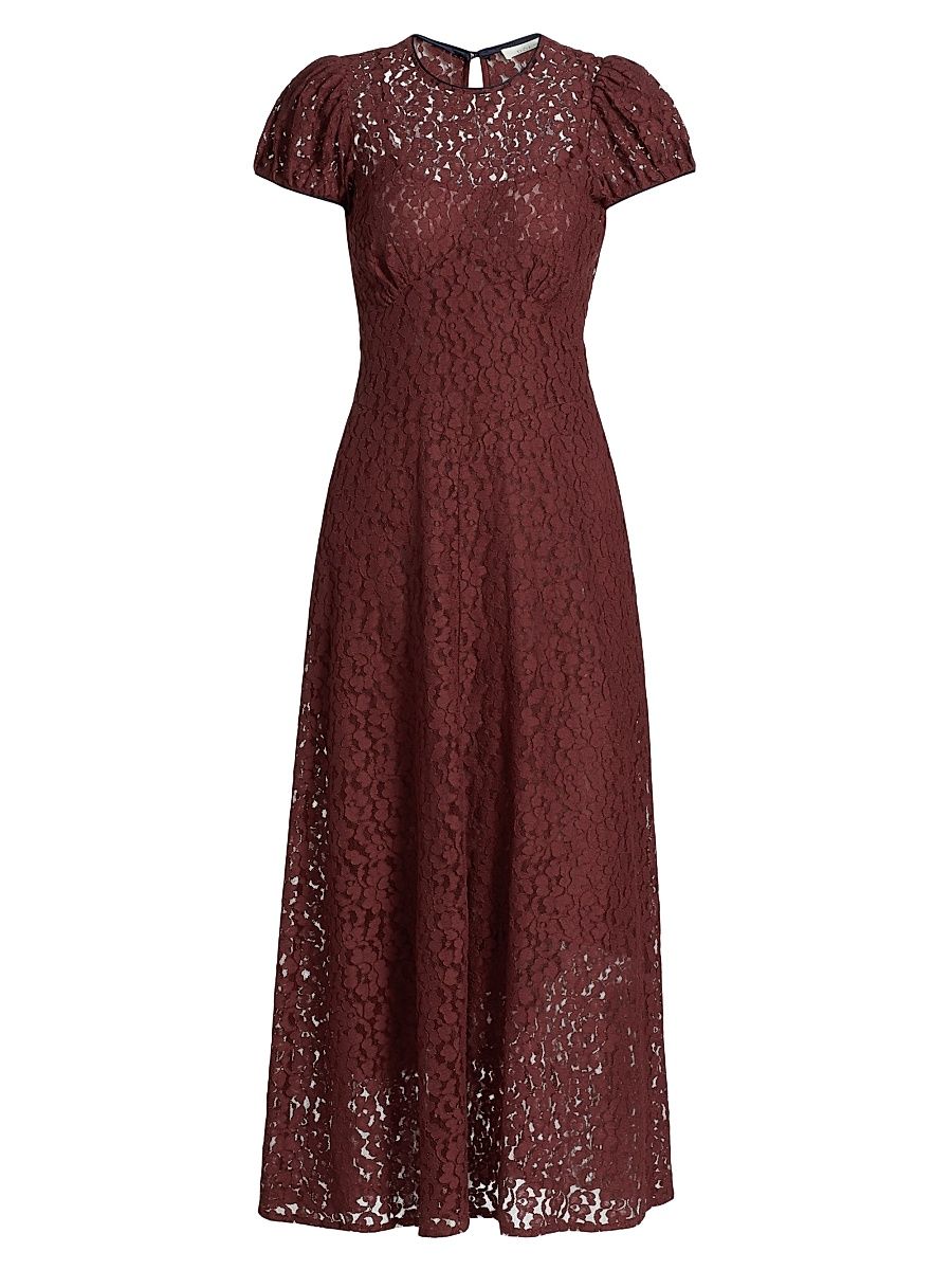 Women's Katarina Lace Fit & Flare Short-Sleeve Midi-Dress - Black Cherry - Size Small