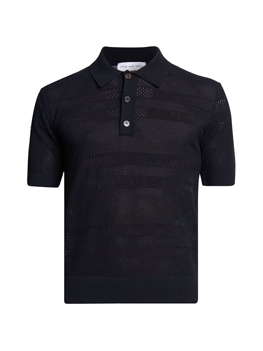 Men's Sheer Striped Loose-Knit Polo Shirt - Black - Size XL