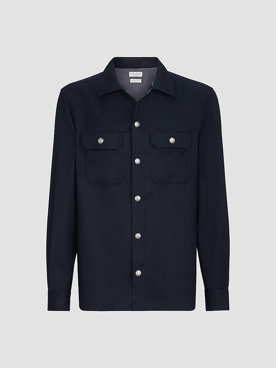 Brunello Cucinelli Men's Virgin Wool Flannel Overshirt with Spread Collar - Navy Blue - Size XXS