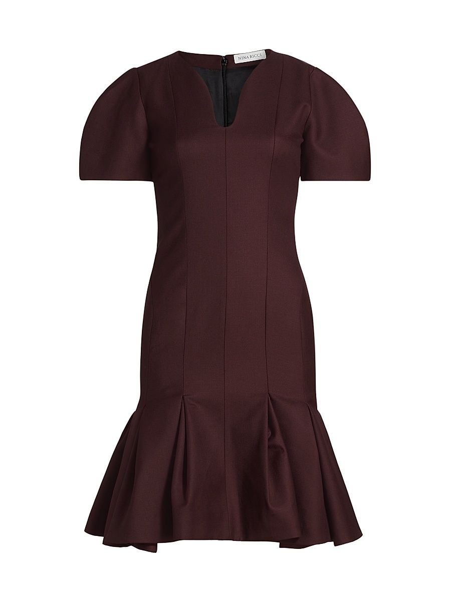 Women's Wool Gabardine Peplum Minidress - Claret - Size 10