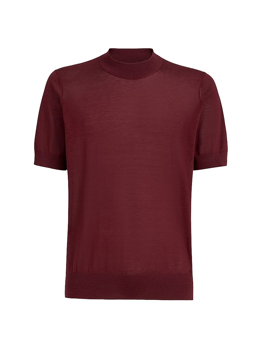 Men's Lightweight Silk and Cotton Knit T-Shirt with Mock Neck - Amaranth Red - Size 48